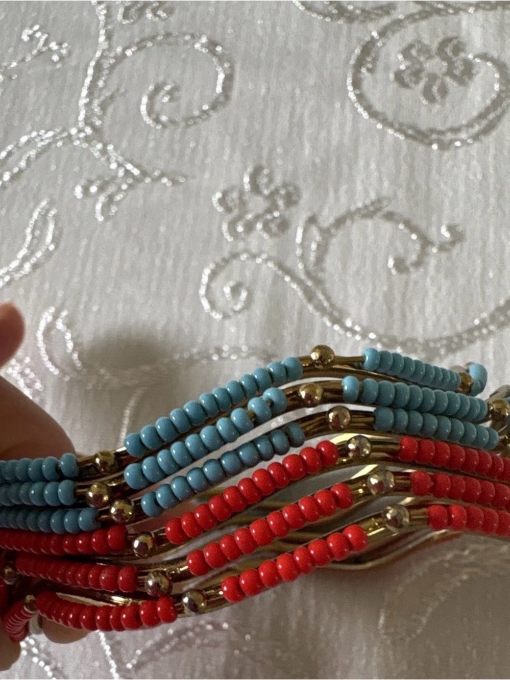 Multi-Strand Red & Blue Beaded Bracelet with Gold Accents. Set of 6